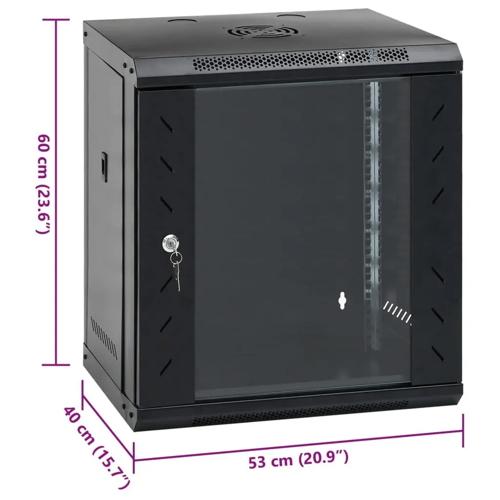 12U Network Cabinet Wall Mounted Black Enclosure 19 Inch IP20 53x40x60cm Removable Side Panels Lockable Front Door