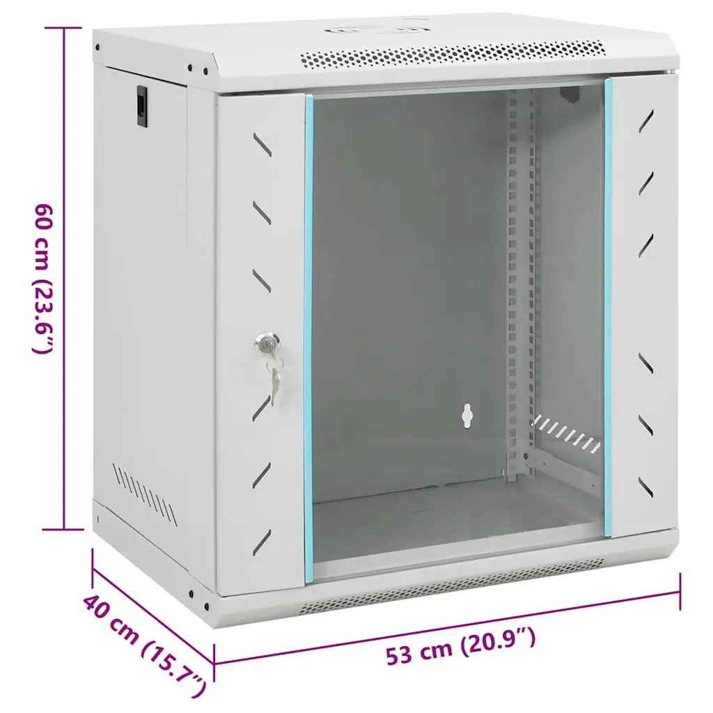 12U Network Cabinet Wall Mounted Grey 53x40x60cm Cold Rolled Steel for 19 Inch Equipment with Lockable Front Door and Removable Side Panels