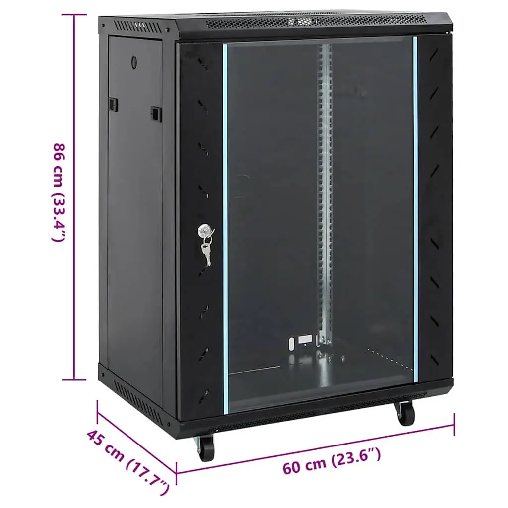 15U Rack Mount Network Cabinet Black Cold Rolled Steel 60x45x86cm Swivel Feet