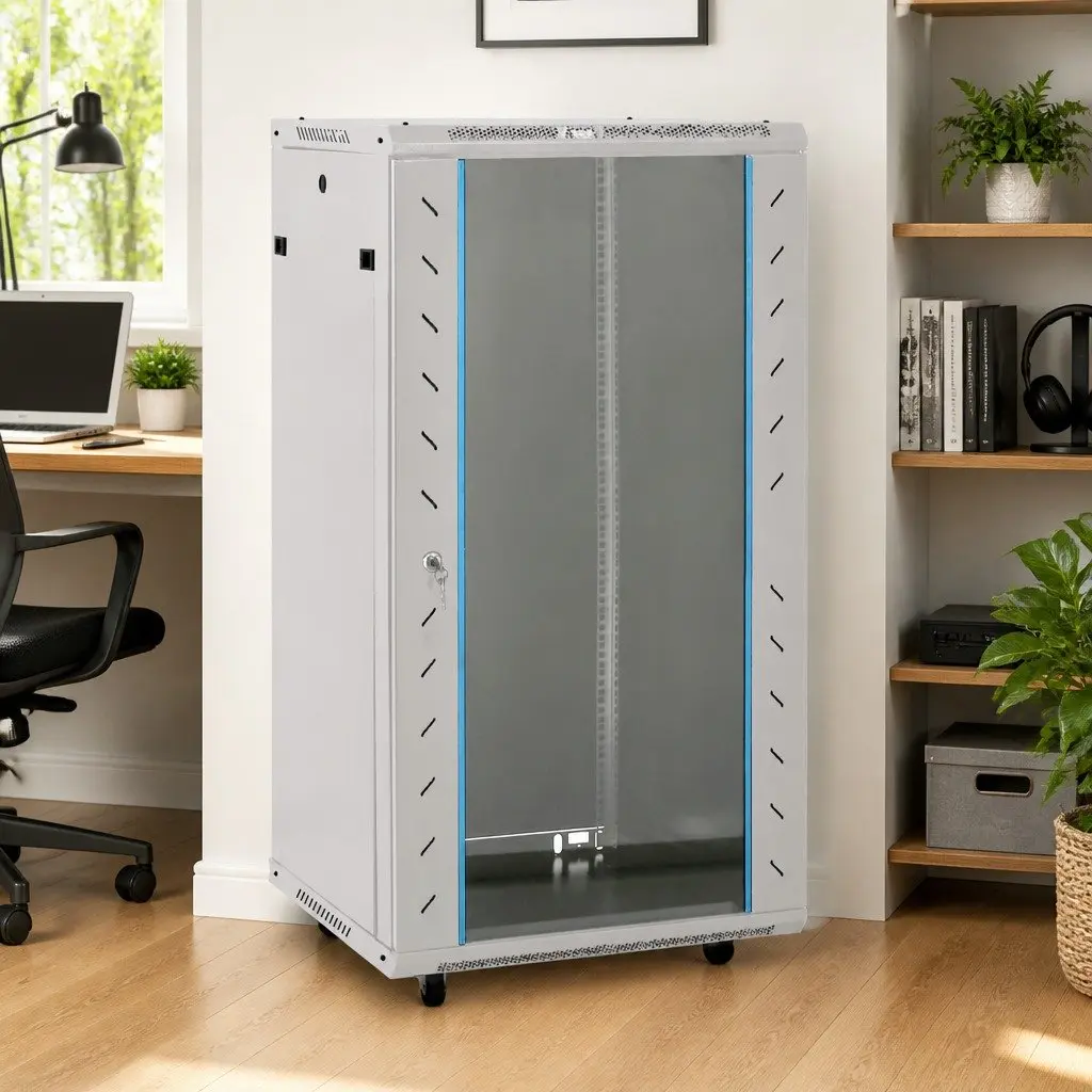 22U Network Cabinet Cold-Rolled Steel 60 x 60 x 120 cm Grey Swivel Feet Lockable Data Storage Rack System