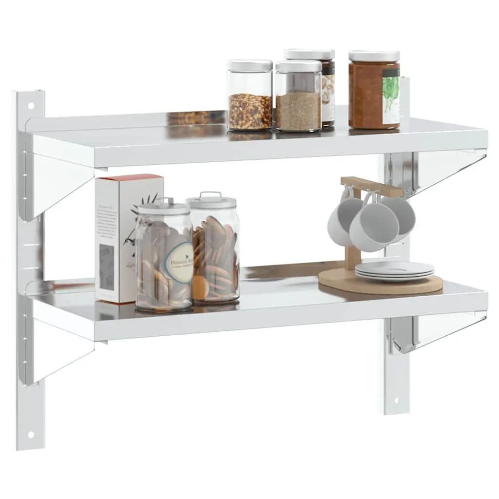 2-Tier Wall Shelf Stainless Steel 75 x 30 x 60 cm Silver Floating Storage Rack Home Kitchen