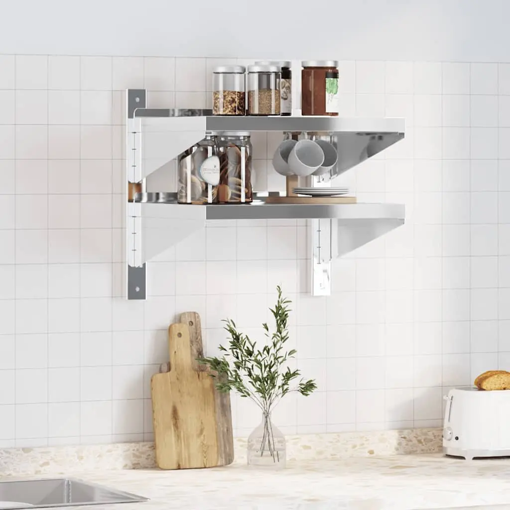 2-Tier Wall Shelf Stainless Steel 50 x 40 x 48 cm Silver Floating Storage Kitchen Bathroom