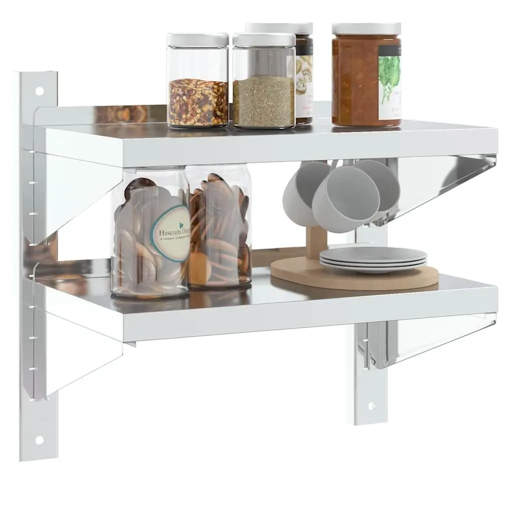 2 Tier Floating Wall Shelf Stainless Steel Silver 50x30x48cm Space Saving Storage Unit