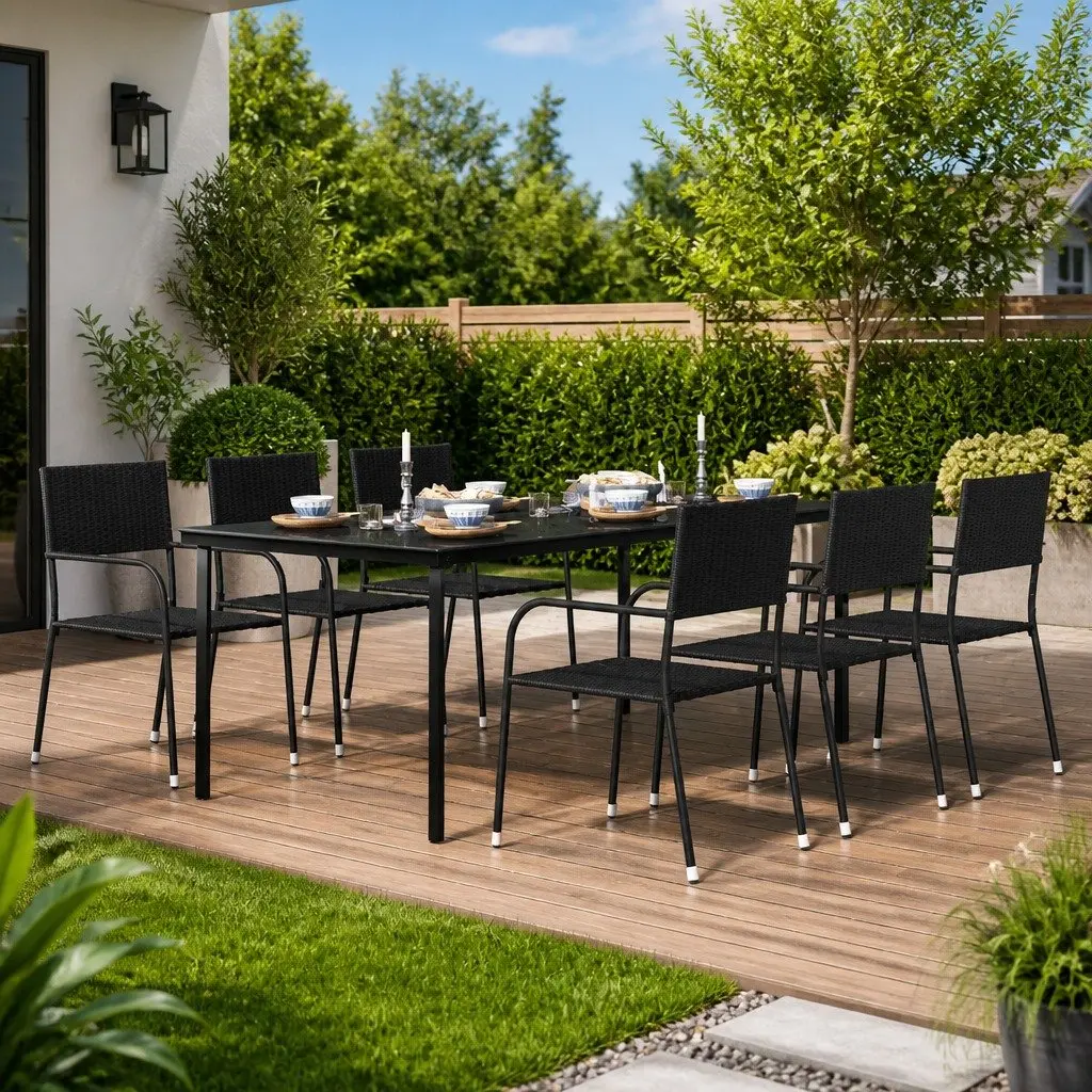 Black Steel and Glass Dining Table for Outdoor Use