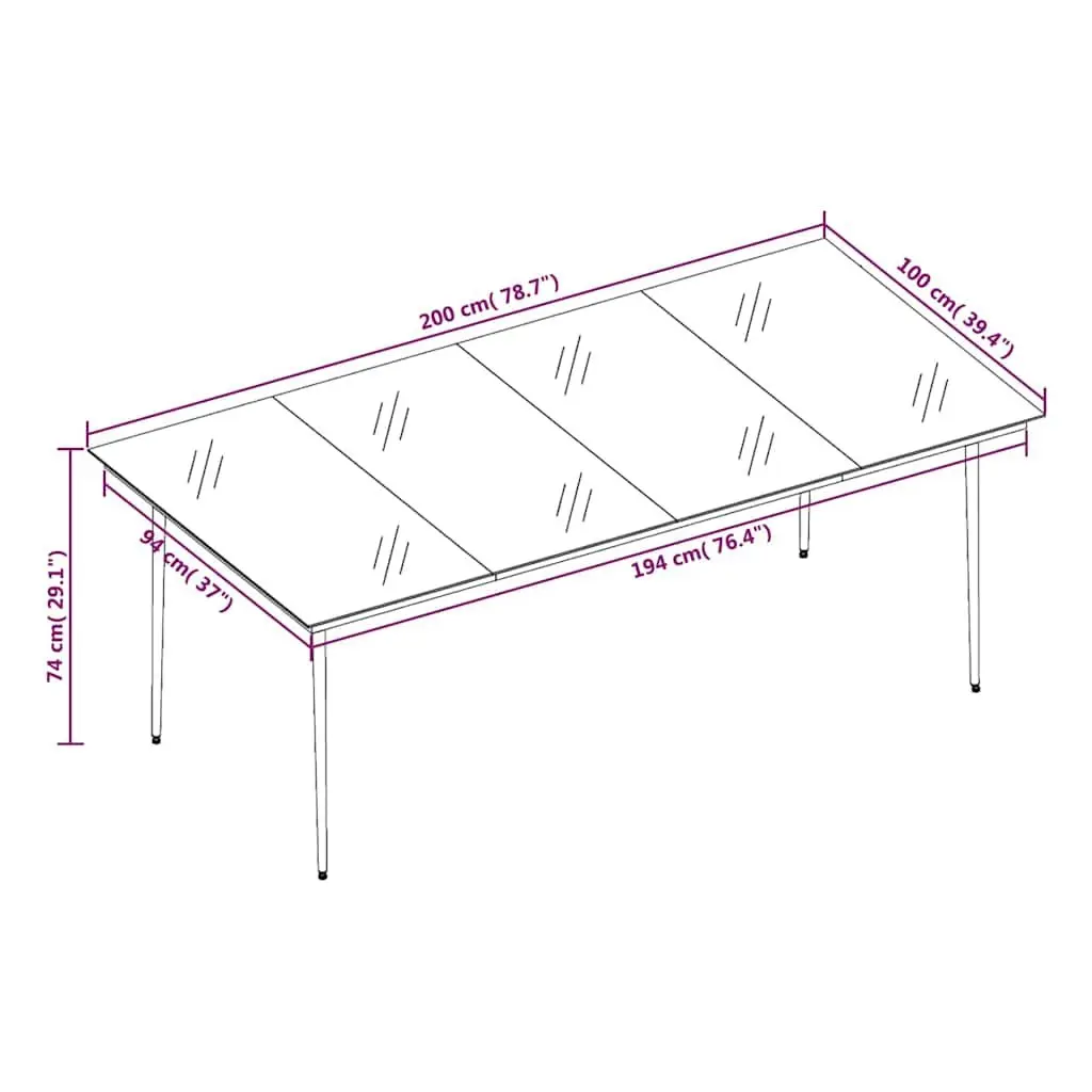 Garden Dining Table Steel Frame Glass Top Black 200 x 100 x 74 cm