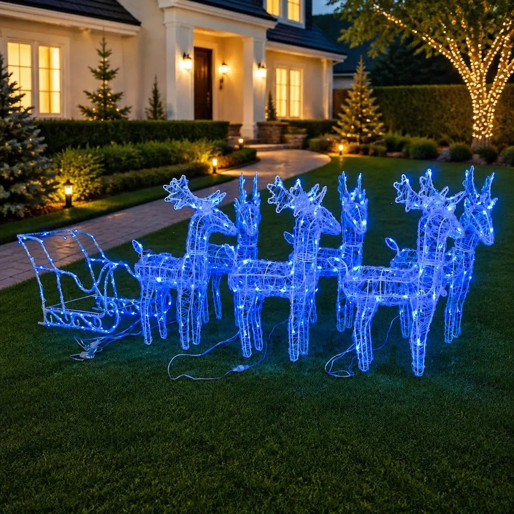 Reindeer Sleigh Yard Decoration Acrylic 320 LED Lights Blue
