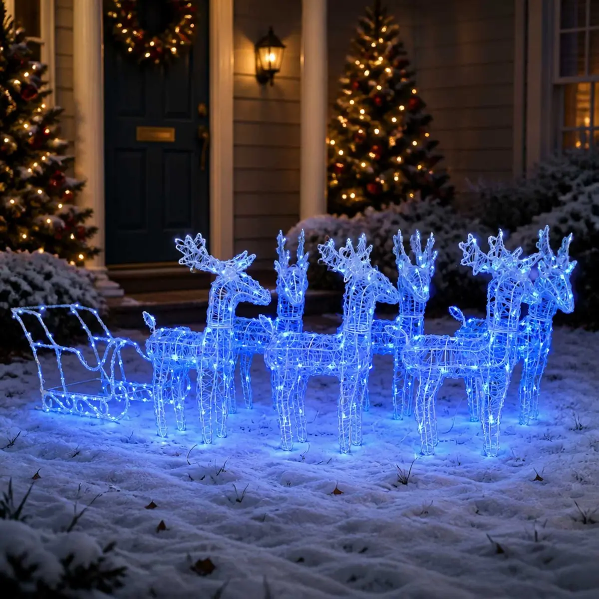 Reindeer Sleigh Yard Decoration Acrylic 320 LED Lights Blue