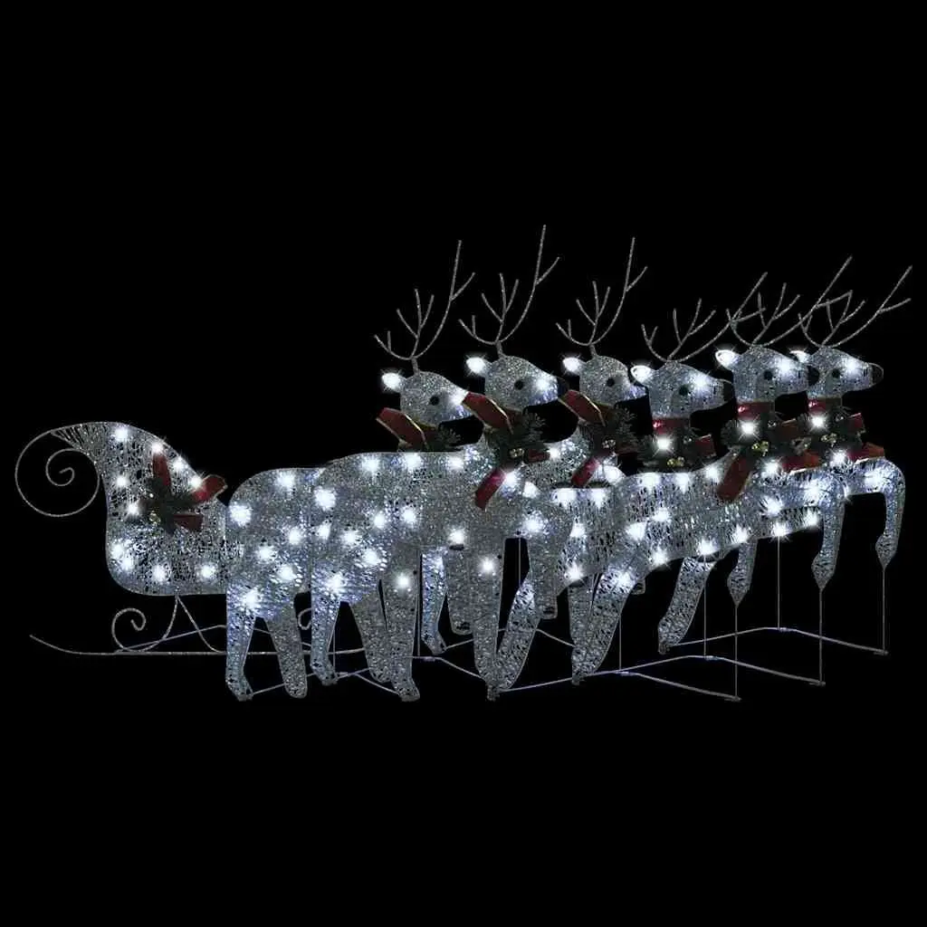 Christmas Decoration Reindeer Sleigh Mesh and Metal Frame 140 LED Lights Silver