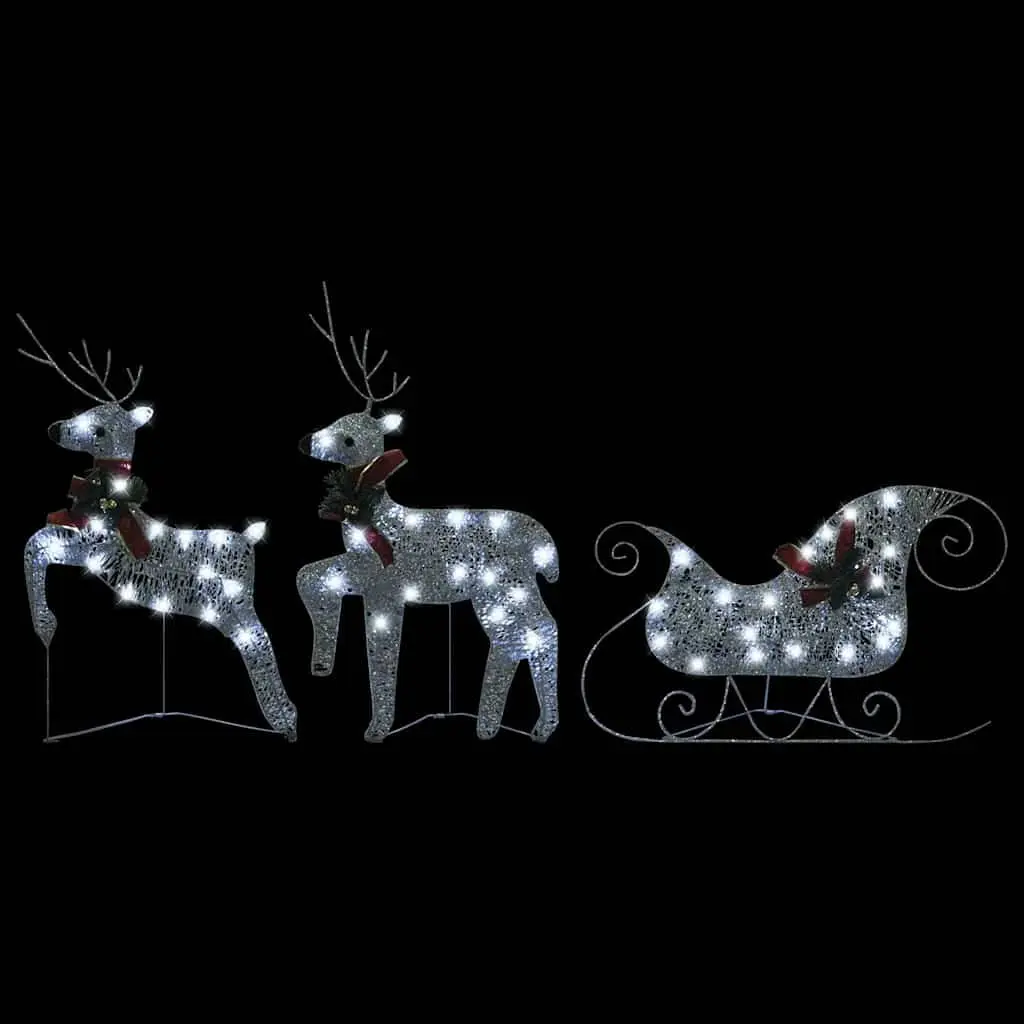 Christmas Decoration Reindeer Sleigh Mesh and Metal Frame 140 LED Lights Silver