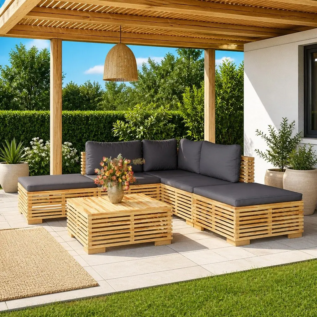 6 Piece Garden Lounge Set Solid Teak Wood Brown with Cushions