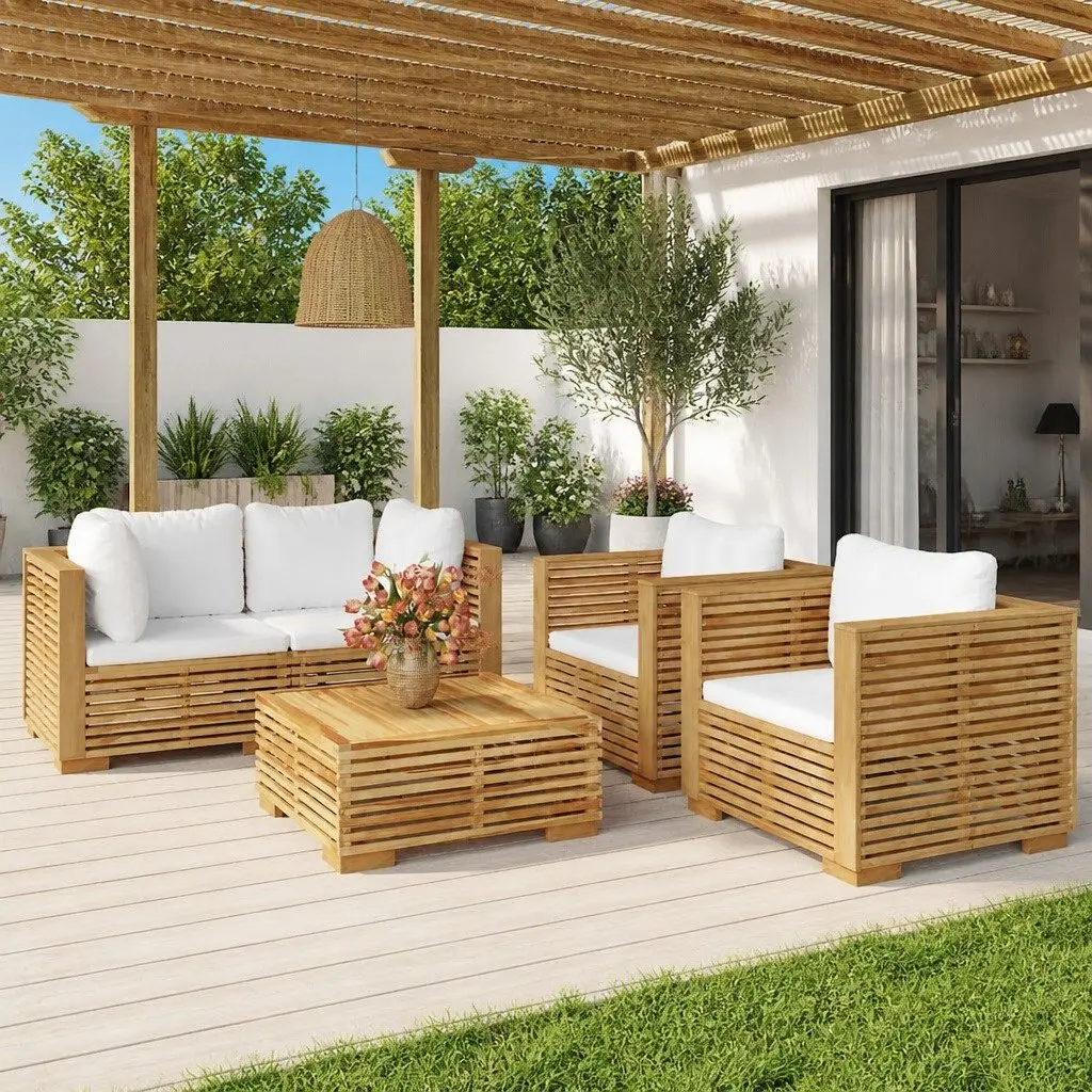 5 Piece Outdoor Lounge Set Teak Wood Brown Cushions