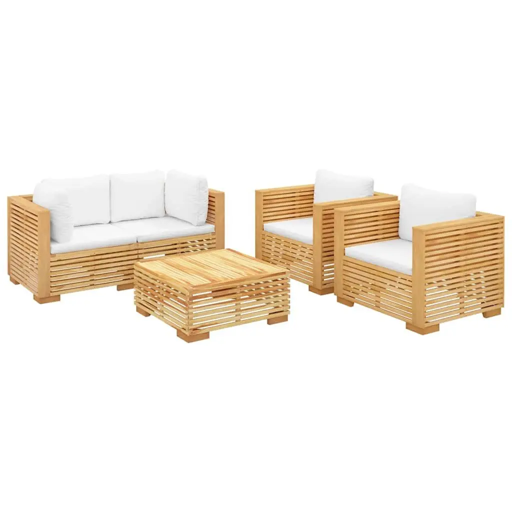 5 Piece Outdoor Lounge Set Teak Wood Brown Cushions