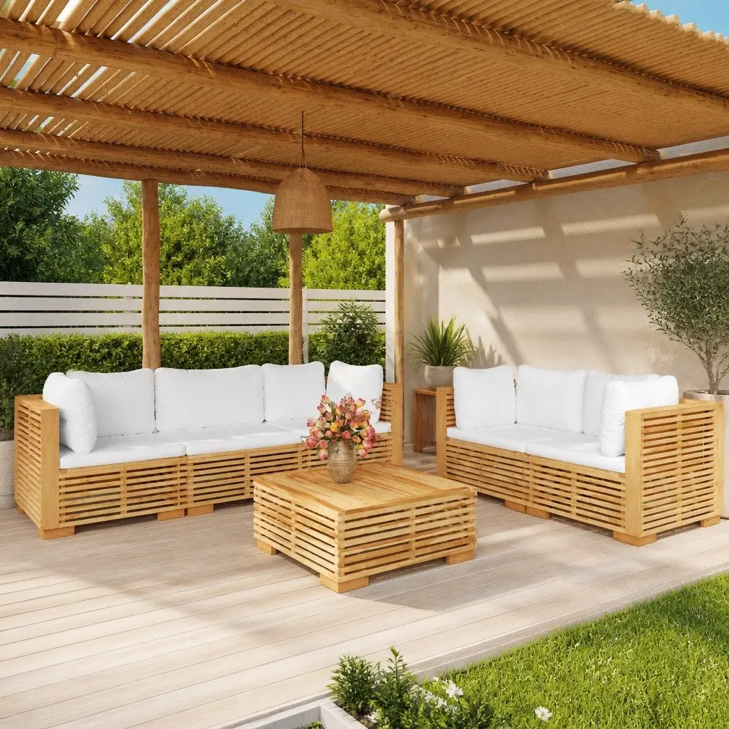 Outdoor Furniture Set 6 Piece Garden Lounge Sofa Teak Wood with Cushions Brown