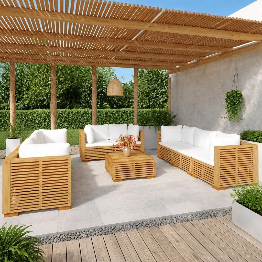 9 Piece Outdoor Lounge Set Brown Teak Wood Cushions Weather Resistant Garden Furniture