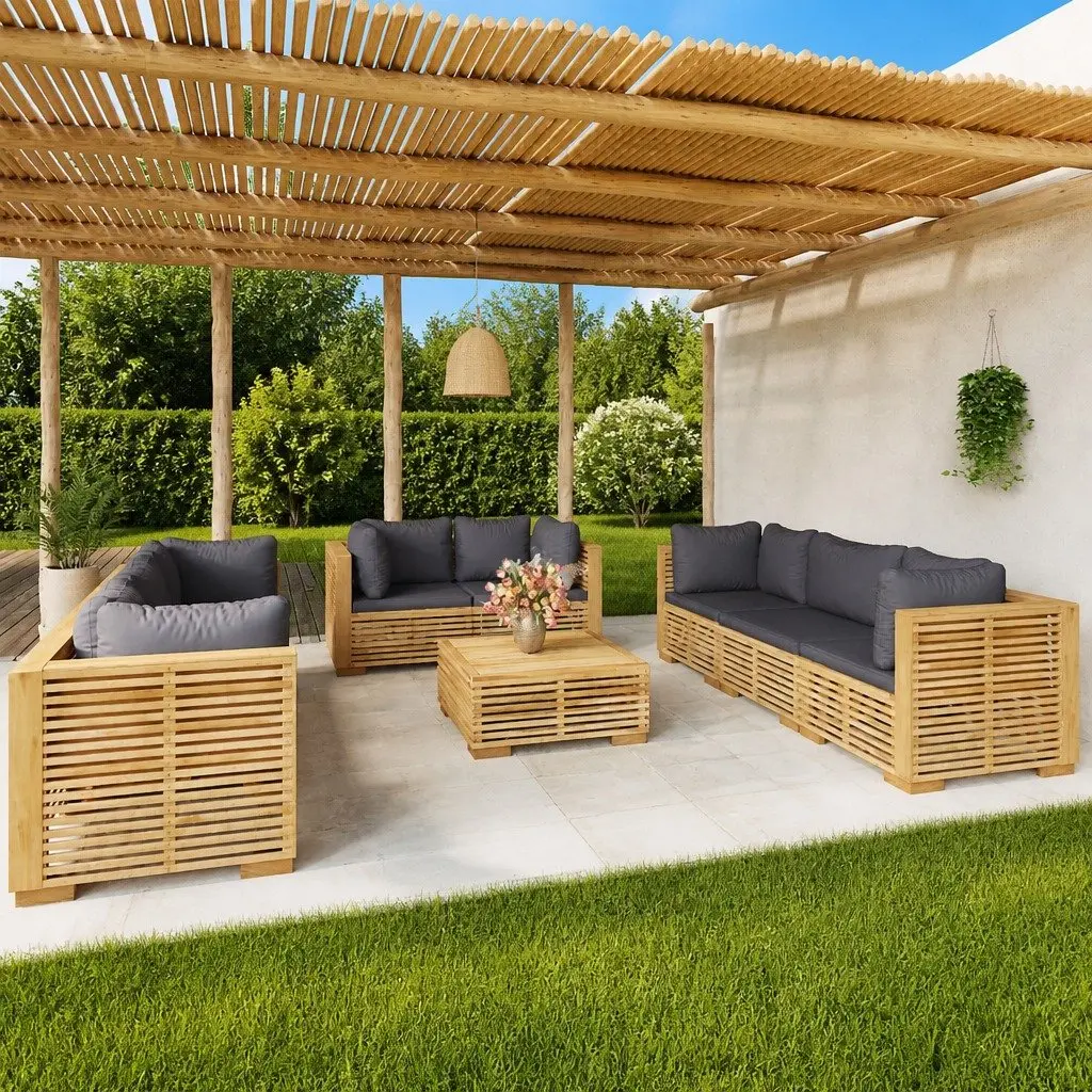 Teak Wood Garden Lounge Set 9 Piece Brown Outdoor Furniture with Cushions
