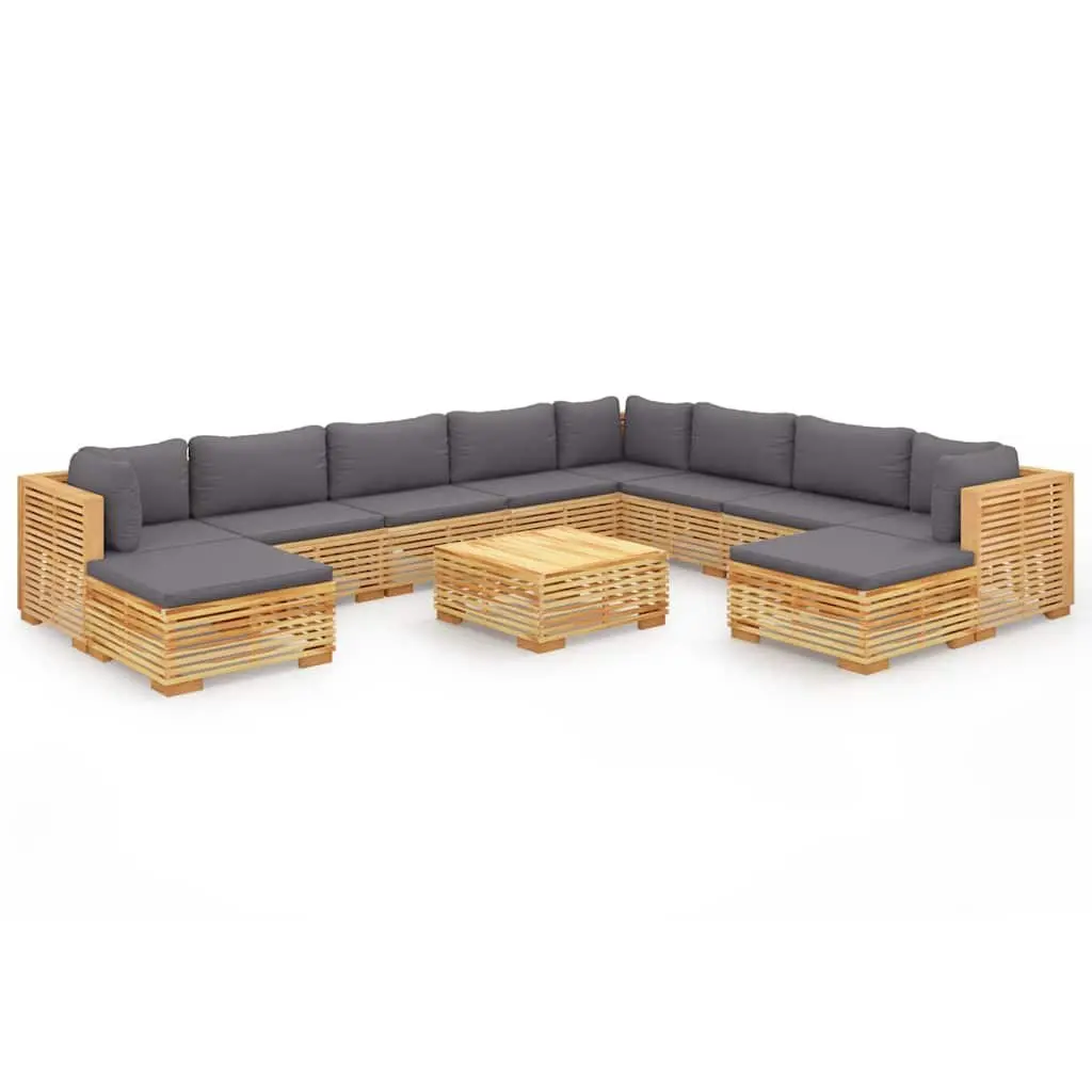 Garden Lounge Set Teak Wood 11 Piece Outdoor Furniture Brown with Cushions