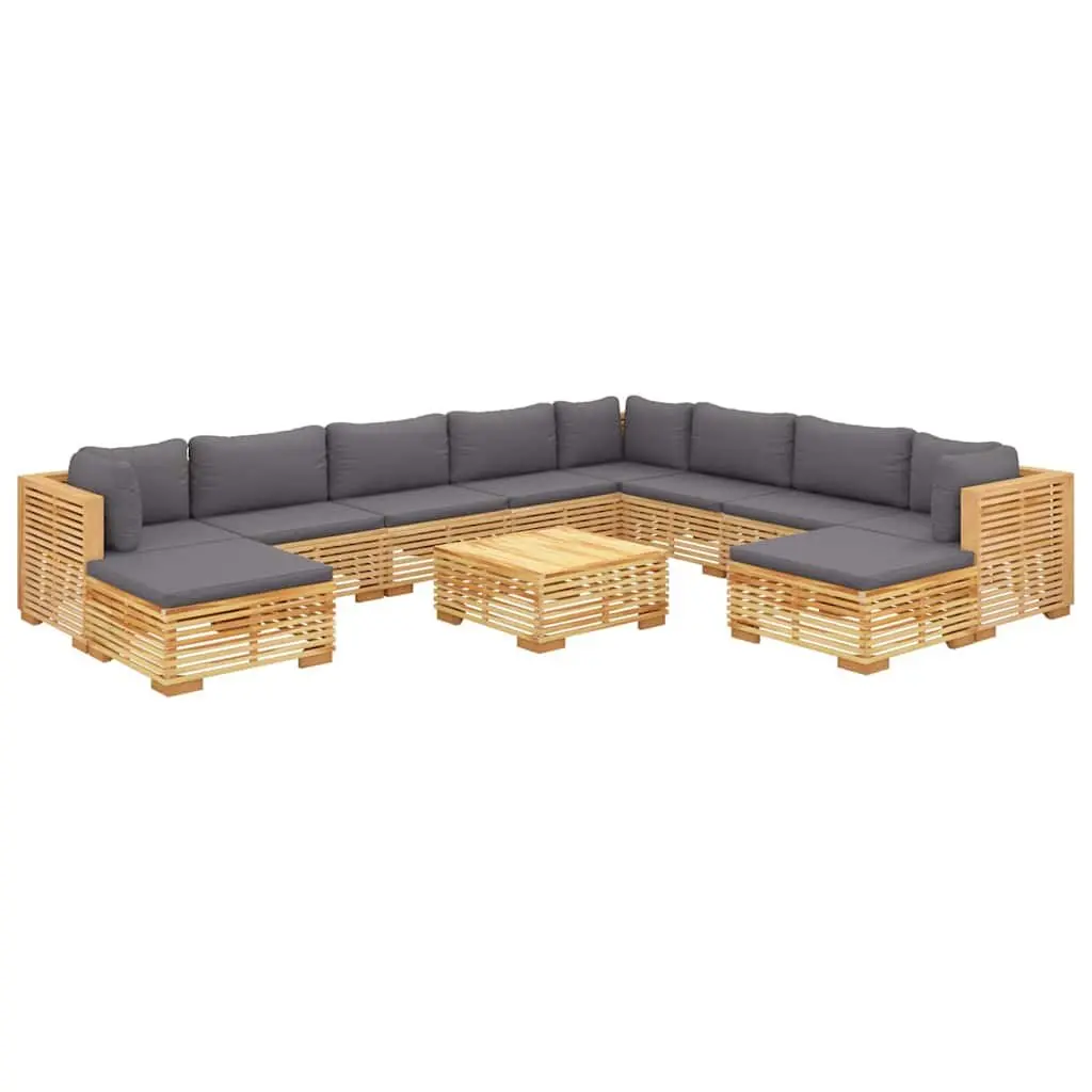 Garden Lounge Set Teak Wood 11 Piece Outdoor Furniture Brown with Cushions