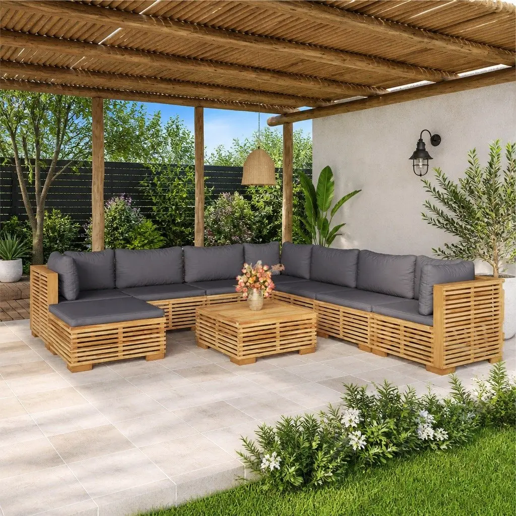 9 Piece Lounge Set Outdoor Furniture Brown Teak Wood with Cushions Patio Garden
