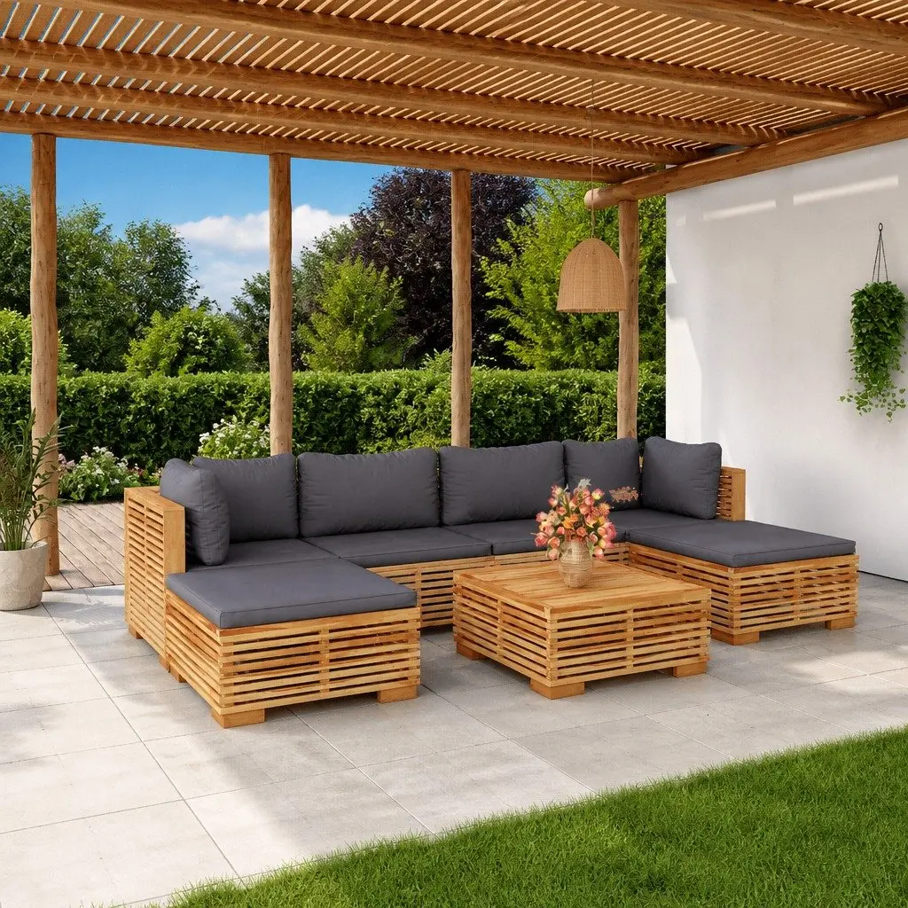 Garden Lounge Set Solid Teak Wood 7 Piece Outdoor Furniture with Cushions Brown