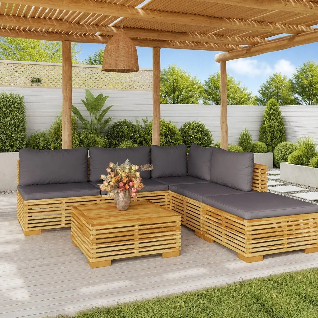 Garden Lounge Set Teak Wood 6 Piece Outdoor Furniture with Cushions Brown