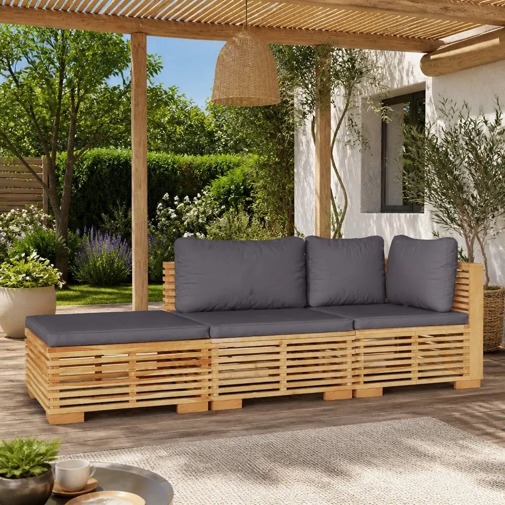 3 Piece Lounge Set Solid Teak Wood Brown Outdoor Furniture with Cushions