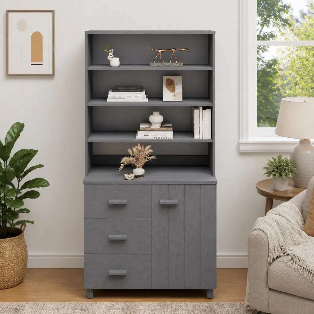 Wooden Highboard Storage Cabinet Solid Pinewood Grey