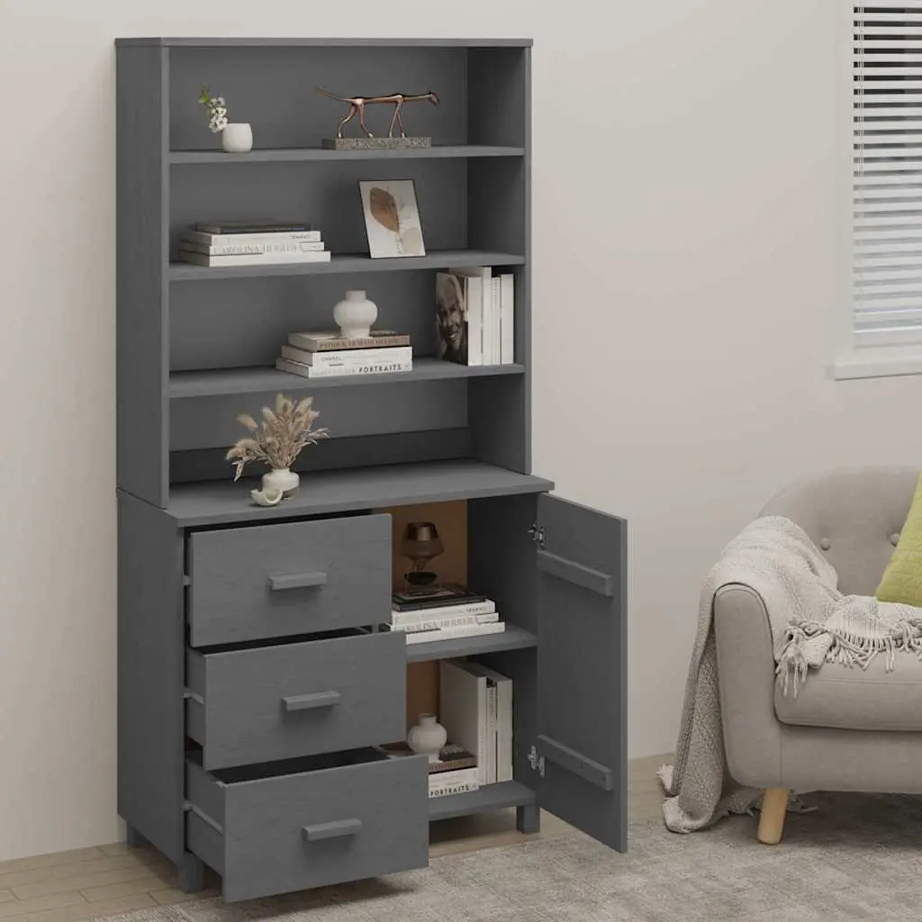 Wooden Highboard Storage Cabinet Solid Pinewood Grey