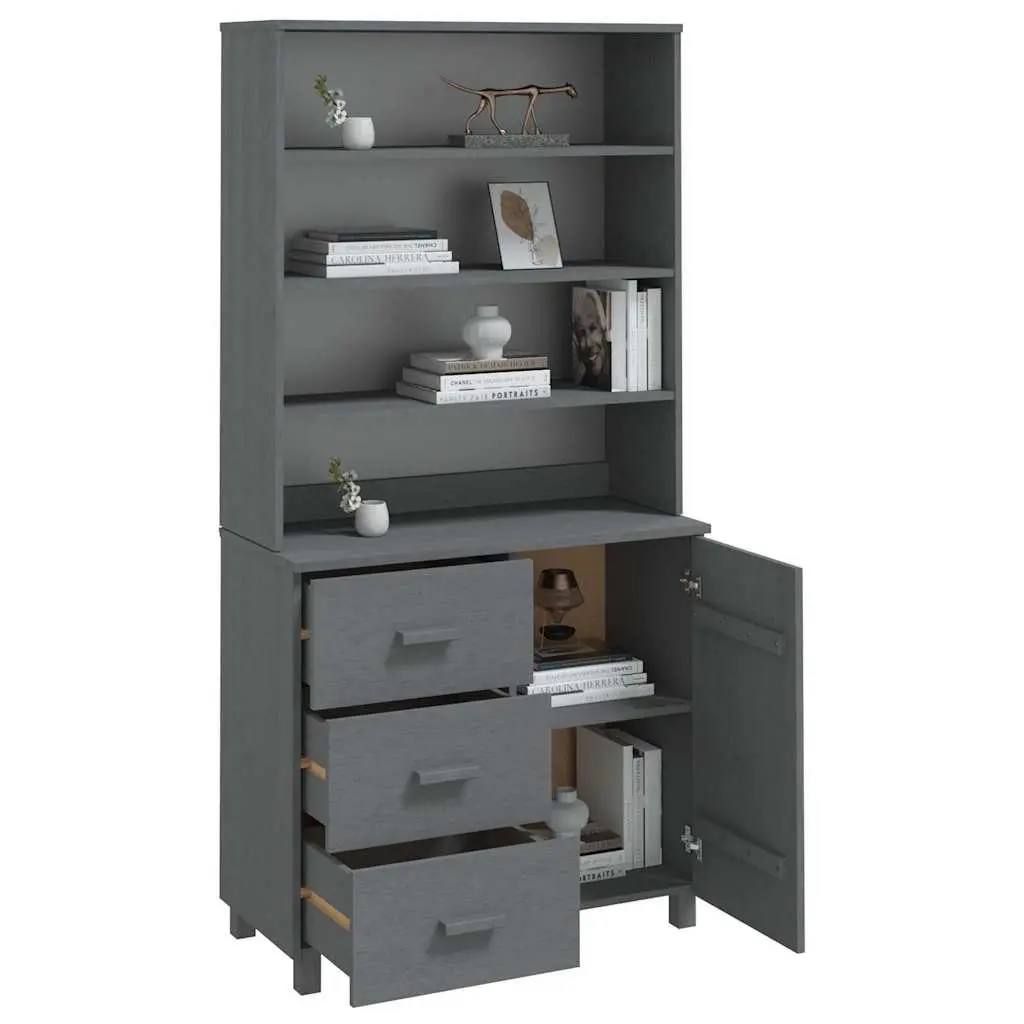Wooden Highboard Storage Cabinet Solid Pinewood Grey