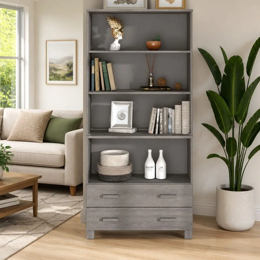Highboard Sideboard Solid Pine Wood Light Grey Buffet Storage Cabinet Drawers