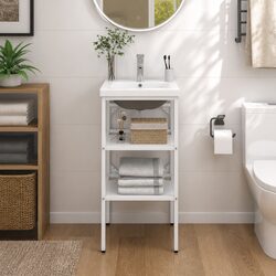 Bathroom Washbasin Vanity Unit White Iron Frame Built-in Ceramic Basin Storage