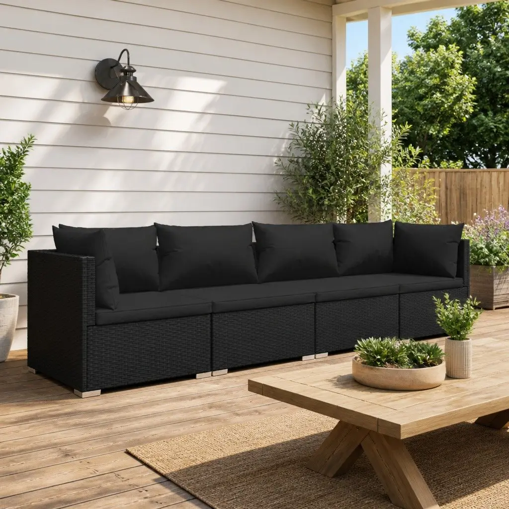 Garden Lounge Set Modular PE Rattan 4 Piece Black with Cushions