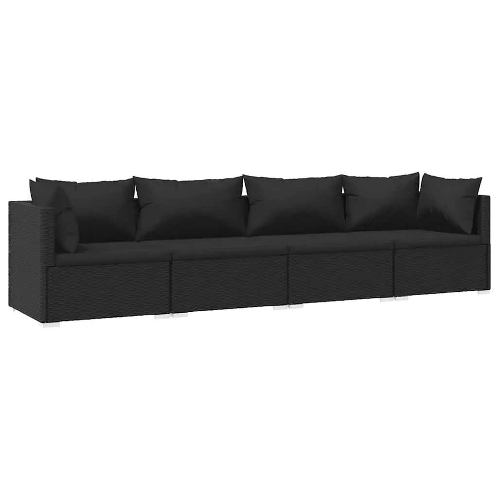 Garden Lounge Set Modular PE Rattan 4 Piece Black with Cushions