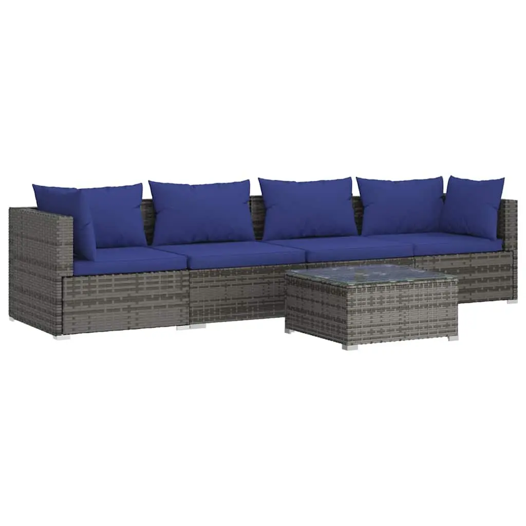 Garden Lounge Set Poly Rattan 5 Pieces Grey Outdoor Patio Furniture