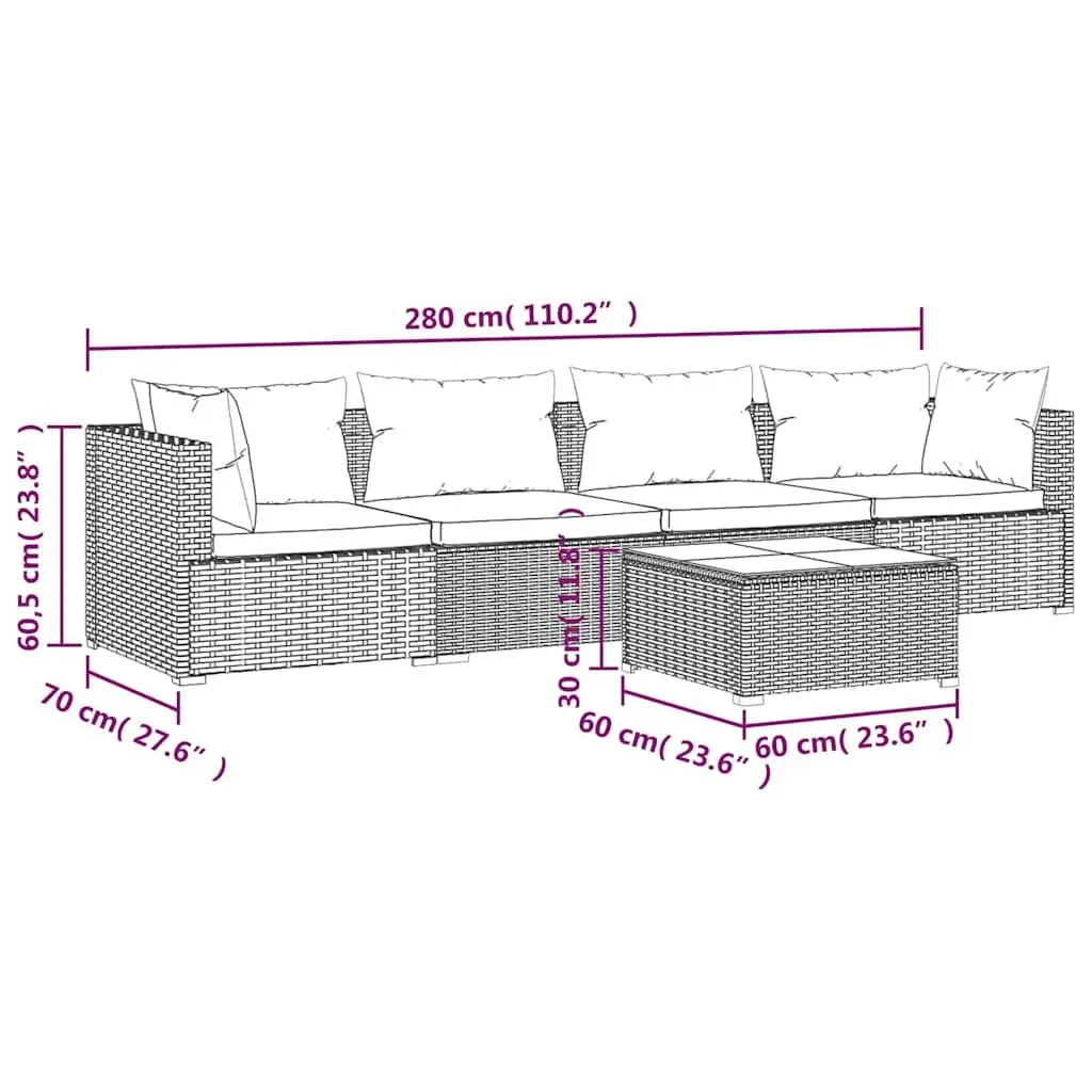 Garden Lounge Set Poly Rattan 5 Pieces Grey Outdoor Patio Furniture
