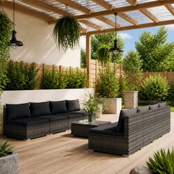 9 Piece Outdoor Garden Lounge Set Modular Poly Rattan Grey with Cushions