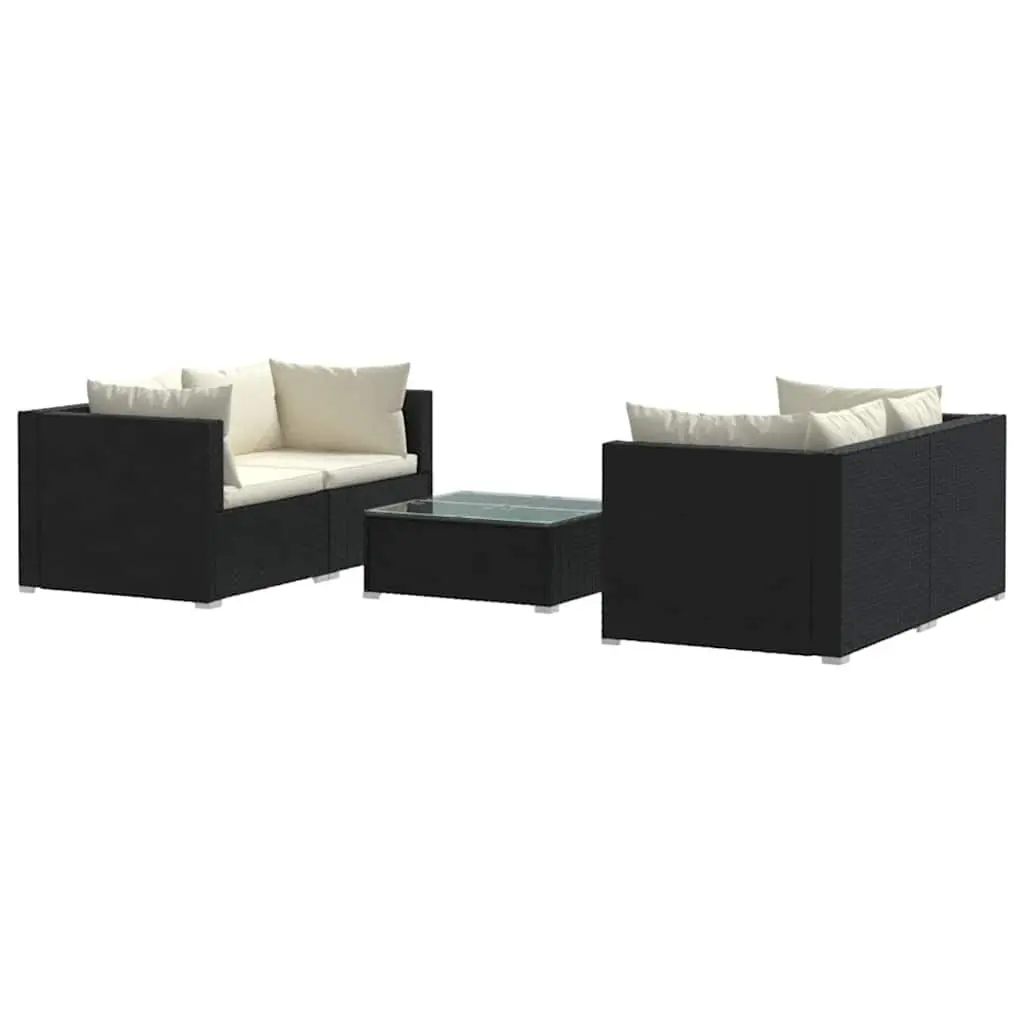 5 Piece Modular Garden Lounge Set Water-Resistant PE Rattan Powder-Coated Steel Frame Black with Cushions