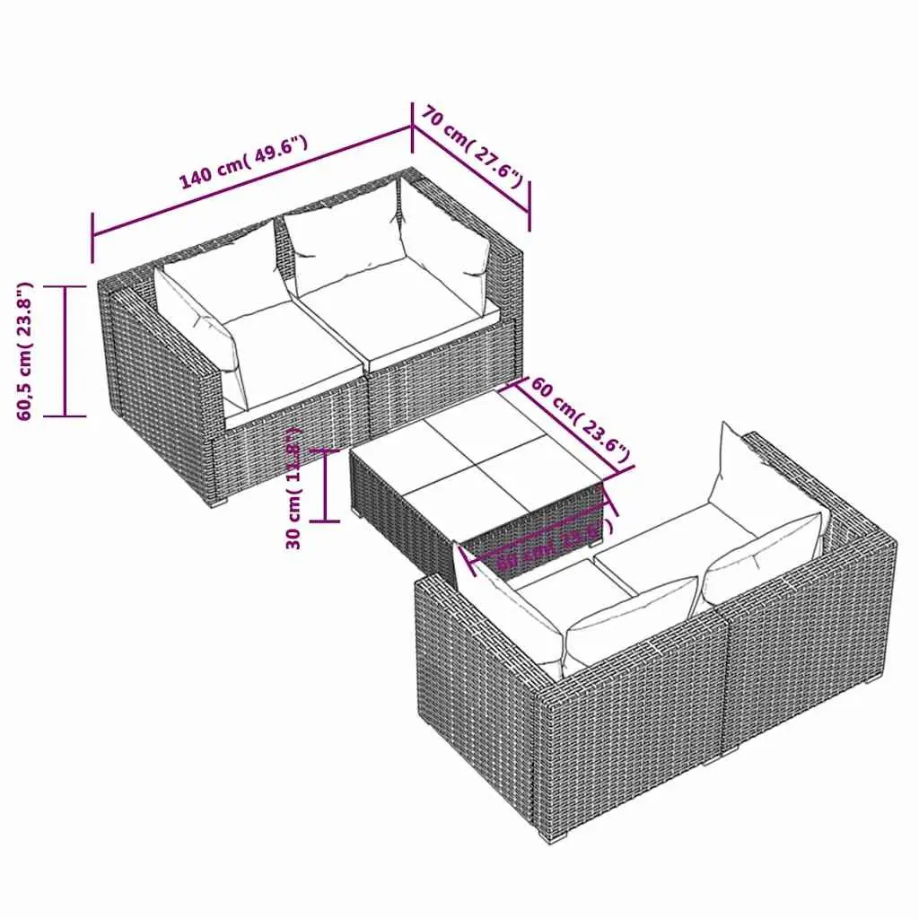 5 Piece Modular Garden Lounge Set Water-Resistant PE Rattan Powder-Coated Steel Frame Black with Cushions
