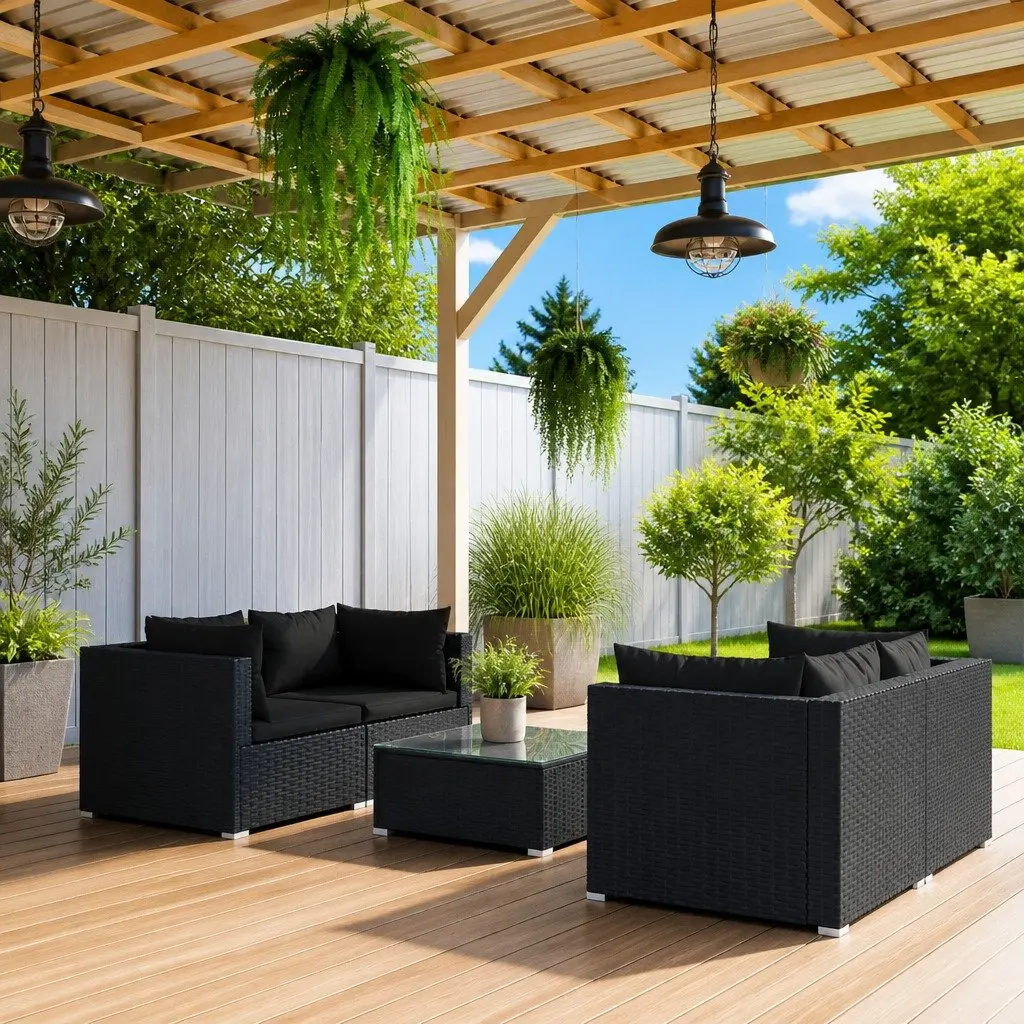 5 Piece Garden Lounge Set Poly Rattan Black Outdoor Furniture