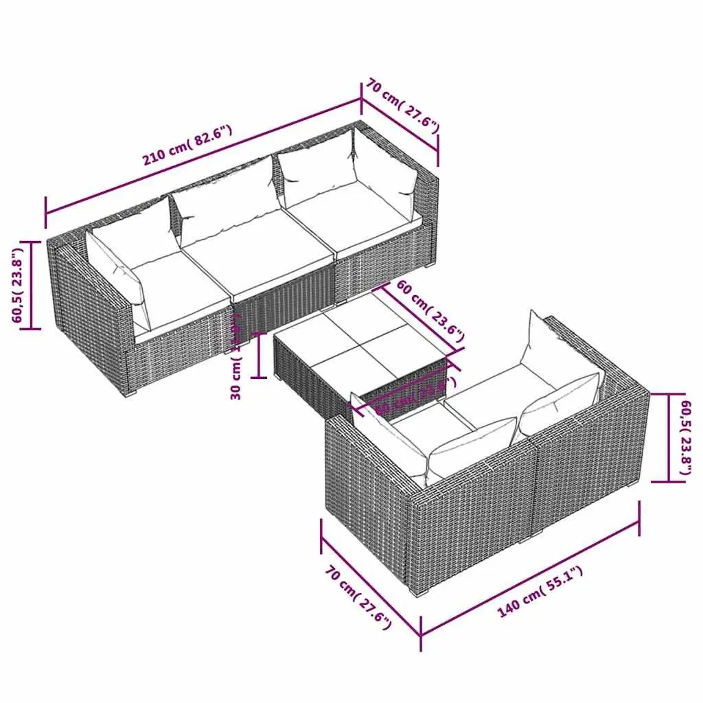 Garden Lounge Set Poly Rattan 6 Piece Outdoor Patio Furniture Grey