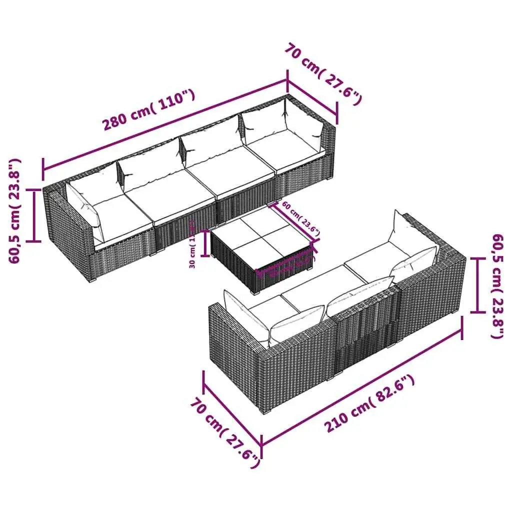 Garden Lounge Set Modular Poly Rattan 8 Piece Outdoor Furniture Brown Cushions