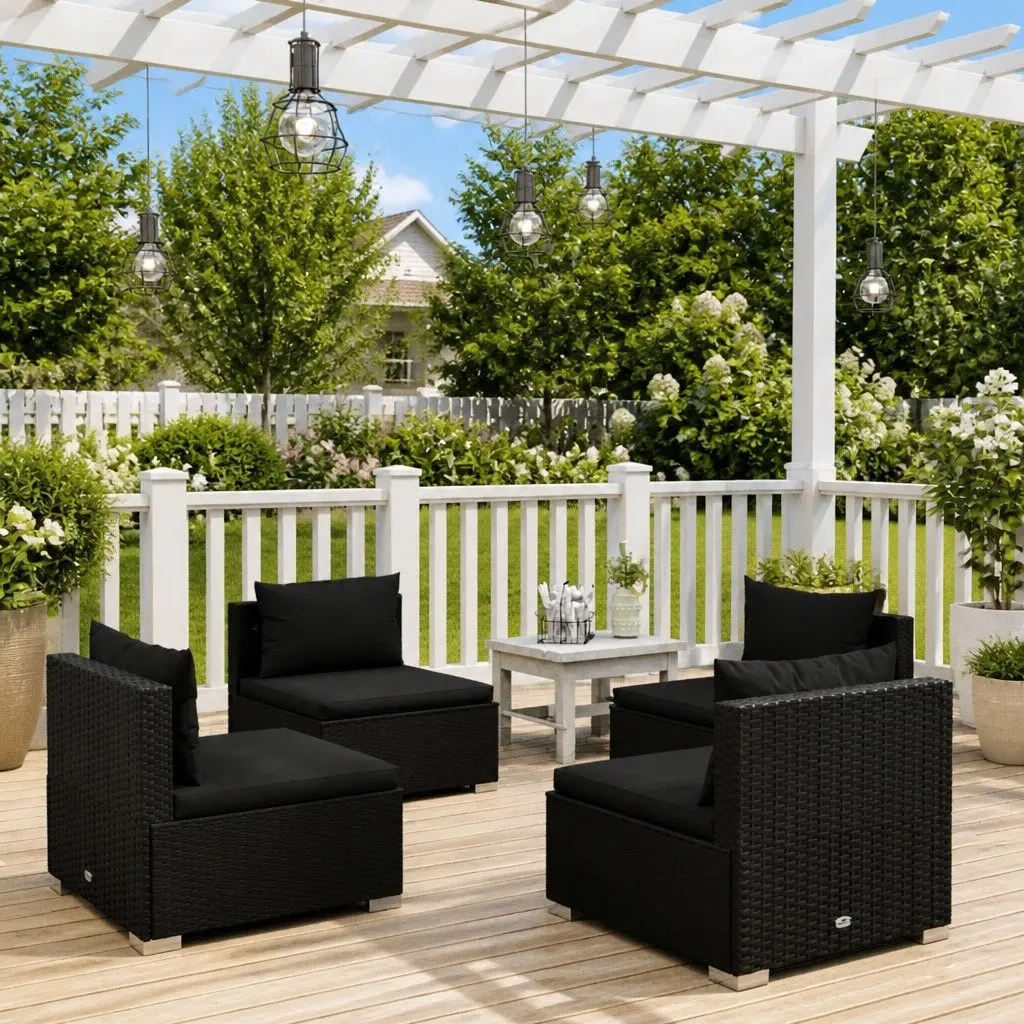 Modular Garden Lounge Set Black PE Rattan 4 Piece with Thick Removable Cushions for Outdoor Use