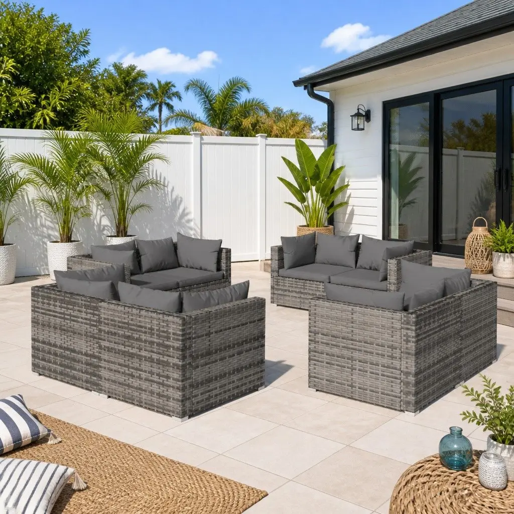 Modular Outdoor Furniture Garden Lounge Set 8 Piece Poly Rattan Grey Cushions