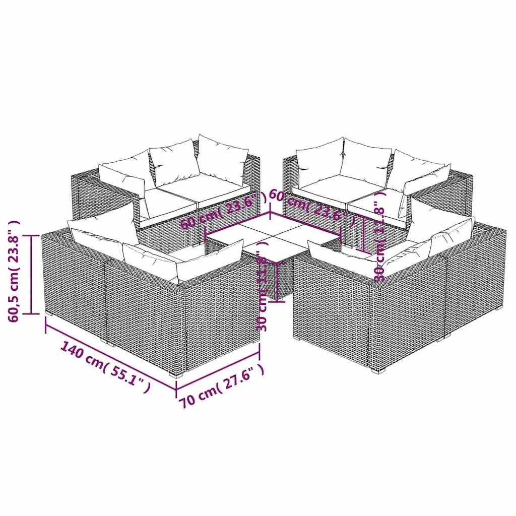 Garden Lounge Set 9 Piece Outdoor Furniture Poly Rattan Grey Modular Cushioned