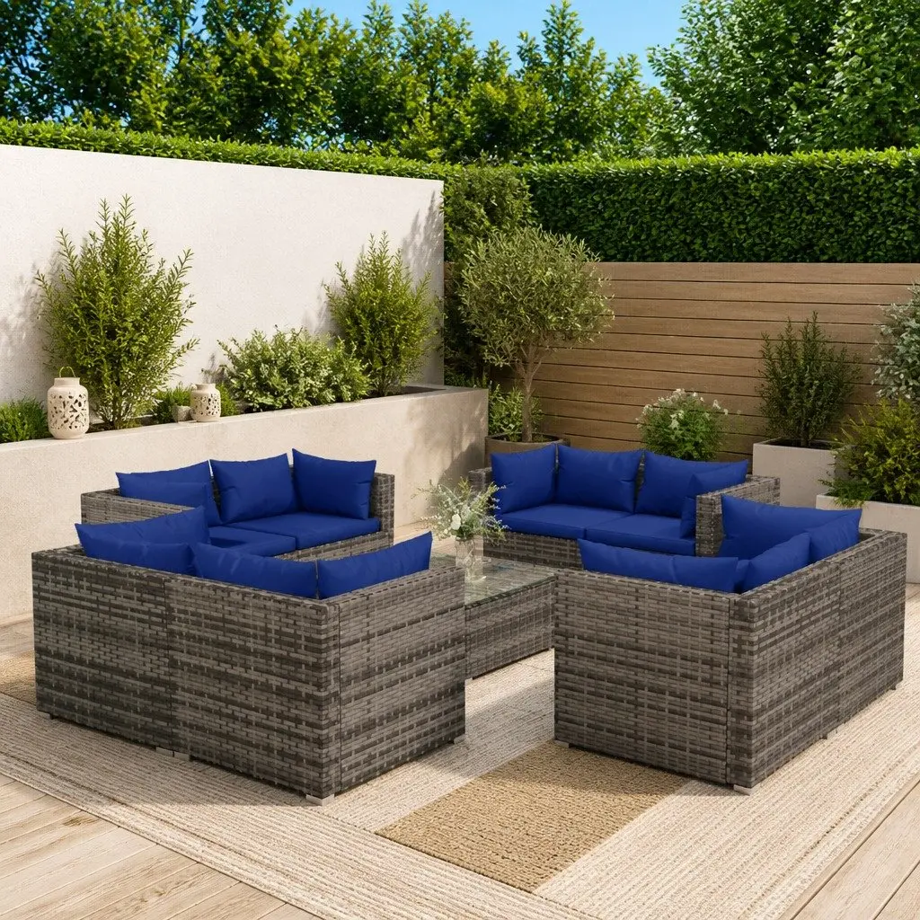 Garden Lounge Set Poly Rattan 9 Piece Modular Grey Outdoor Furniture