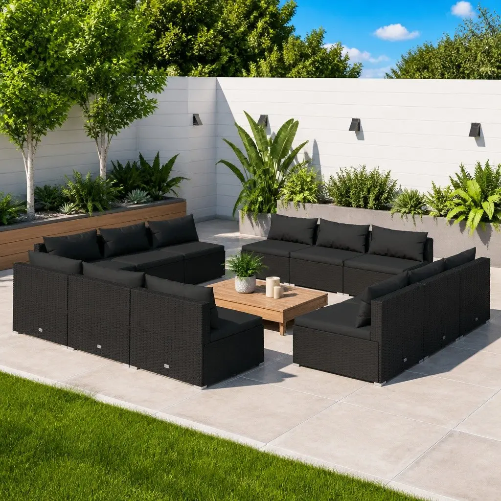 Garden Lounge Set Poly Rattan 12 Piece Outdoor Furniture Black Modular Cushions