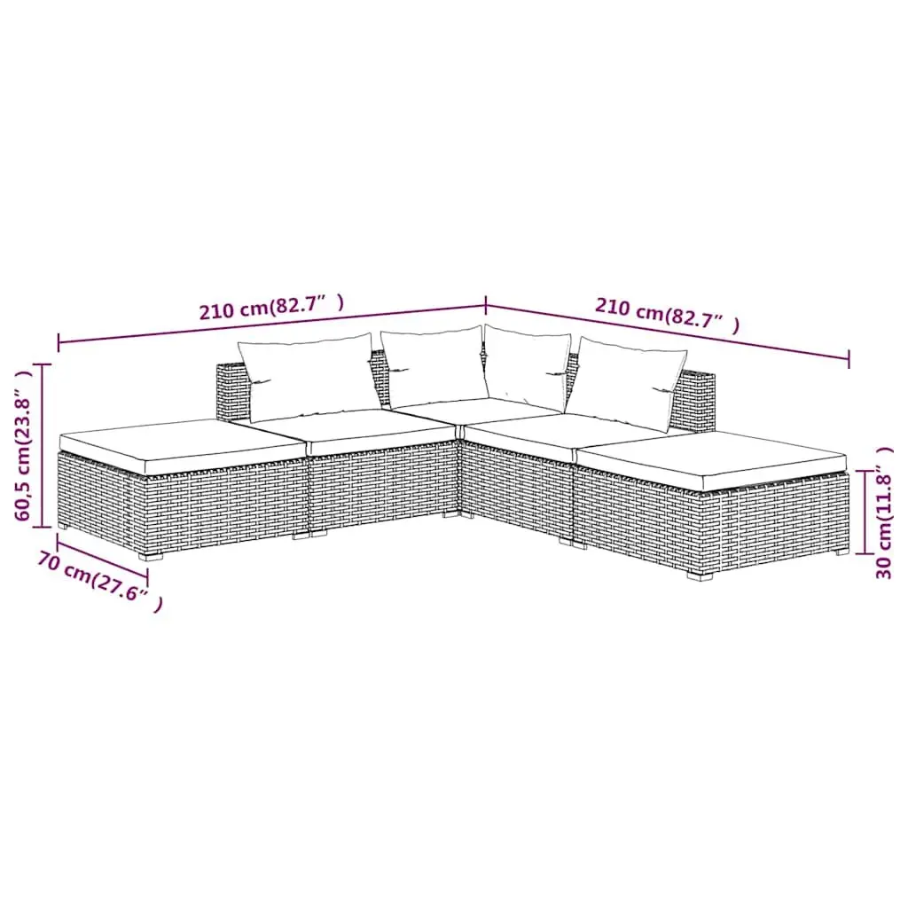 Garden Lounge Set 5 Piece Outdoor Patio Furniture Brown Rattan with Cushions