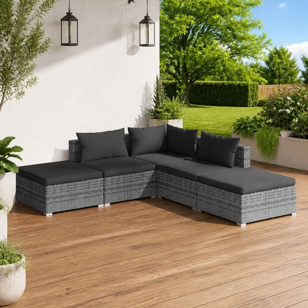 5 Piece Garden Lounge Set Modular Outdoor Patio Furniture Waterproof PE Rattan Steel Frame Grey