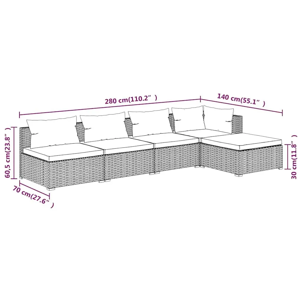 5 Piece Garden Lounge Set Outdoor Furniture Waterproof PE Rattan with Cushions Brown