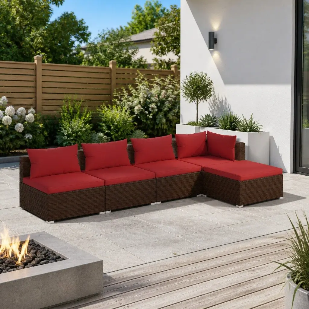 5 Piece Garden Lounge Set Outdoor Patio Furniture with Cushions PE Rattan Brown