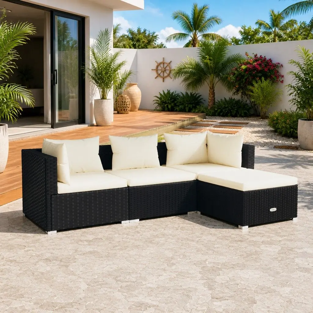 Garden Lounge Set 4 Piece Outdoor Patio Furniture Black PE Rattan Modular Sofa